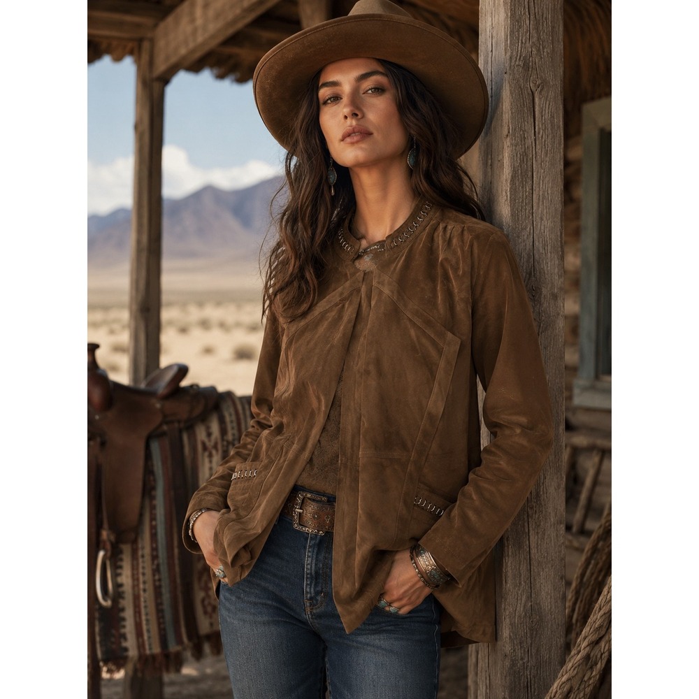 Max & Moi Jacket Womens 36 Small Brown Suede Leather Open Front Western Boho